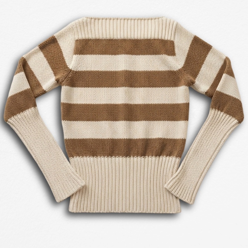 Gap Brown Cream Striped Cotton Knit Sweater Boat Neck Wide Ribbed Cuffs M